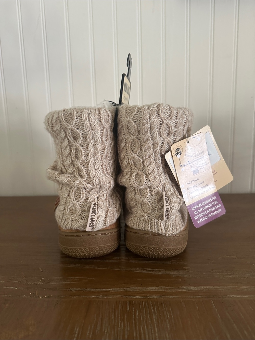 Muk Luks Tan Suede-Look Slipper Bootie with Cream Cable Knit Cuff NEW sz M 7/8 - Picture 7 of 11